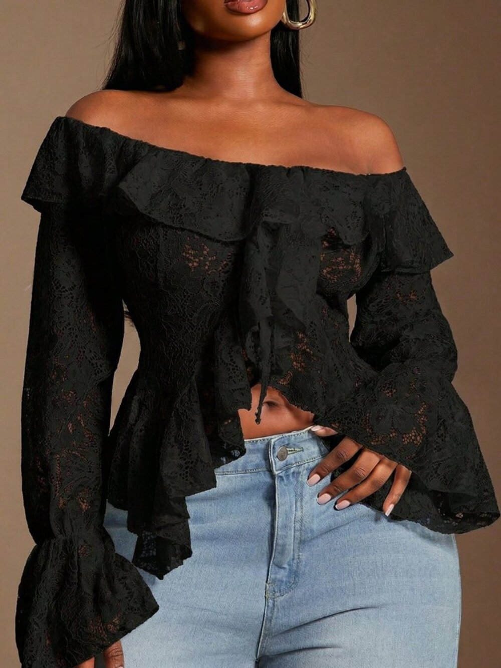 Elegant Women's Plus Size Ruffle Trim Off Shoulder Long Sleeve Sheer Lace Blouse - Picture 6 of 8